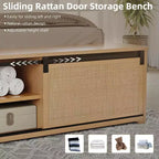 Cadre de lit en rotin naturel style bohème-ferme, rangement avec porte de grange coulissante et tête de lit lumineuse à LED, pieds de support en bois massif.