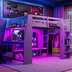 Lit mezzanine gaming Whisen Wood de taille double avec bureau, étagères multi-rangements, LED et une penderie suspendue
