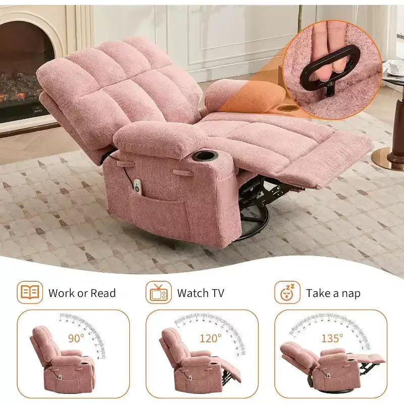 Fauteuil inclinable surdimensionné pour adultes, canapé berçant pivotant manuel, poches latérales et porte-gobelets pour personnes fortes et de grande taille, salon