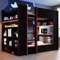 Lit superposé de jeu en bois pleine grandeur avec bureau intégré, étagères de rangement, lumières LED 7 couleurs et station de charge, noir - ModernLuxe