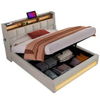Lit Queen avec rangement hydraulique, LED, USB, tête de lit rembourrée, sans sommier, assemblage facile