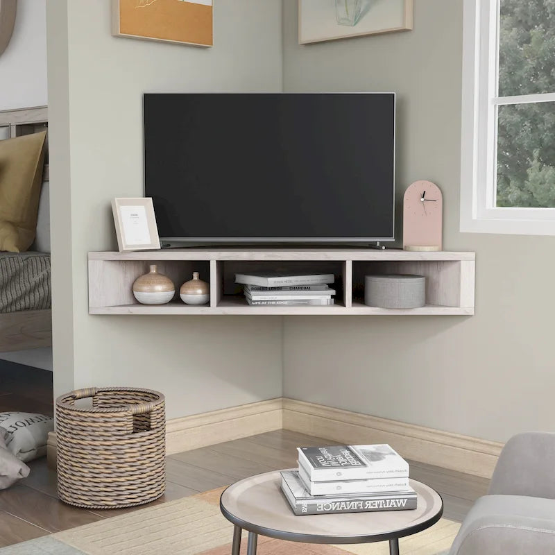Meuble TV d'angle flottant 47", 3 étagères, style transitoire, fixation murale peu encombrante