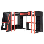 Lit mezzanine de jeu en L avec bureaux, lits superposés doubles avec lumières LED, ports USB, étagères de rangement, lit mezzanine d'angle en bois pour 2 personnes
