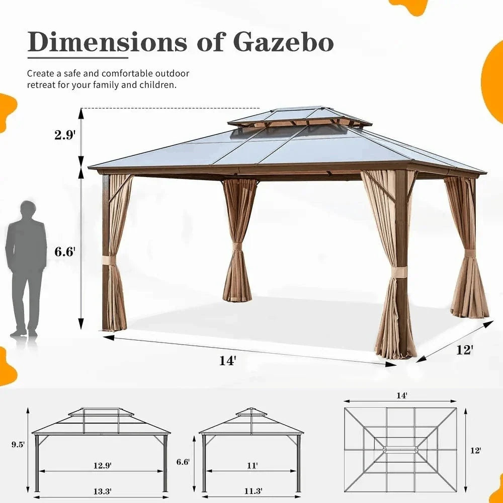 Tonnelle EROMMY à toit rigide, pergola extérieure avec double toit, moustiquaire et rideaux, auvent robuste pour patio, jardin, fête au bord de la piscine