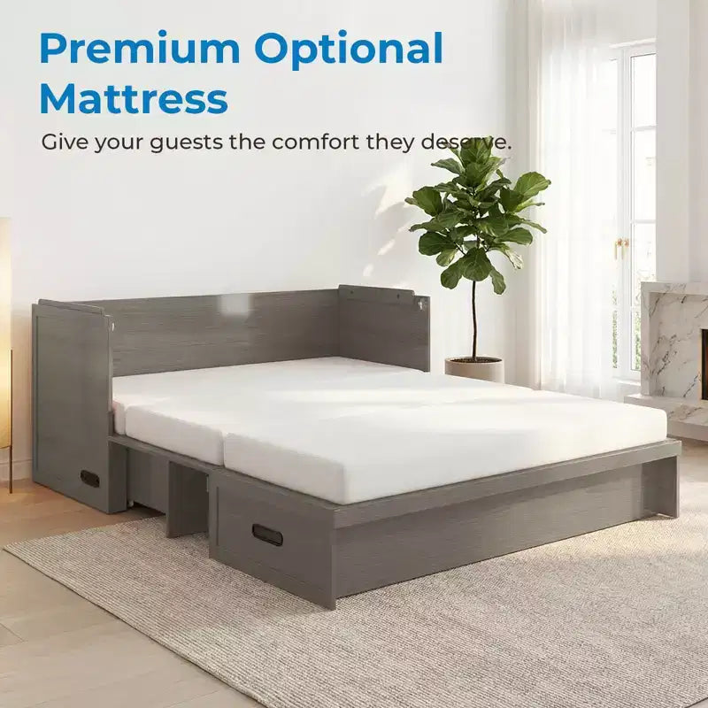 Lit escamotable convertible Queen Size Mjkone avec matelas, chargement USB, tiroirs de rangement