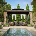 Tonnelle EROMMY à toit rigide, pergola extérieure avec double toit, moustiquaire et rideaux, auvent robuste pour patio, jardin, fête au bord de la piscine