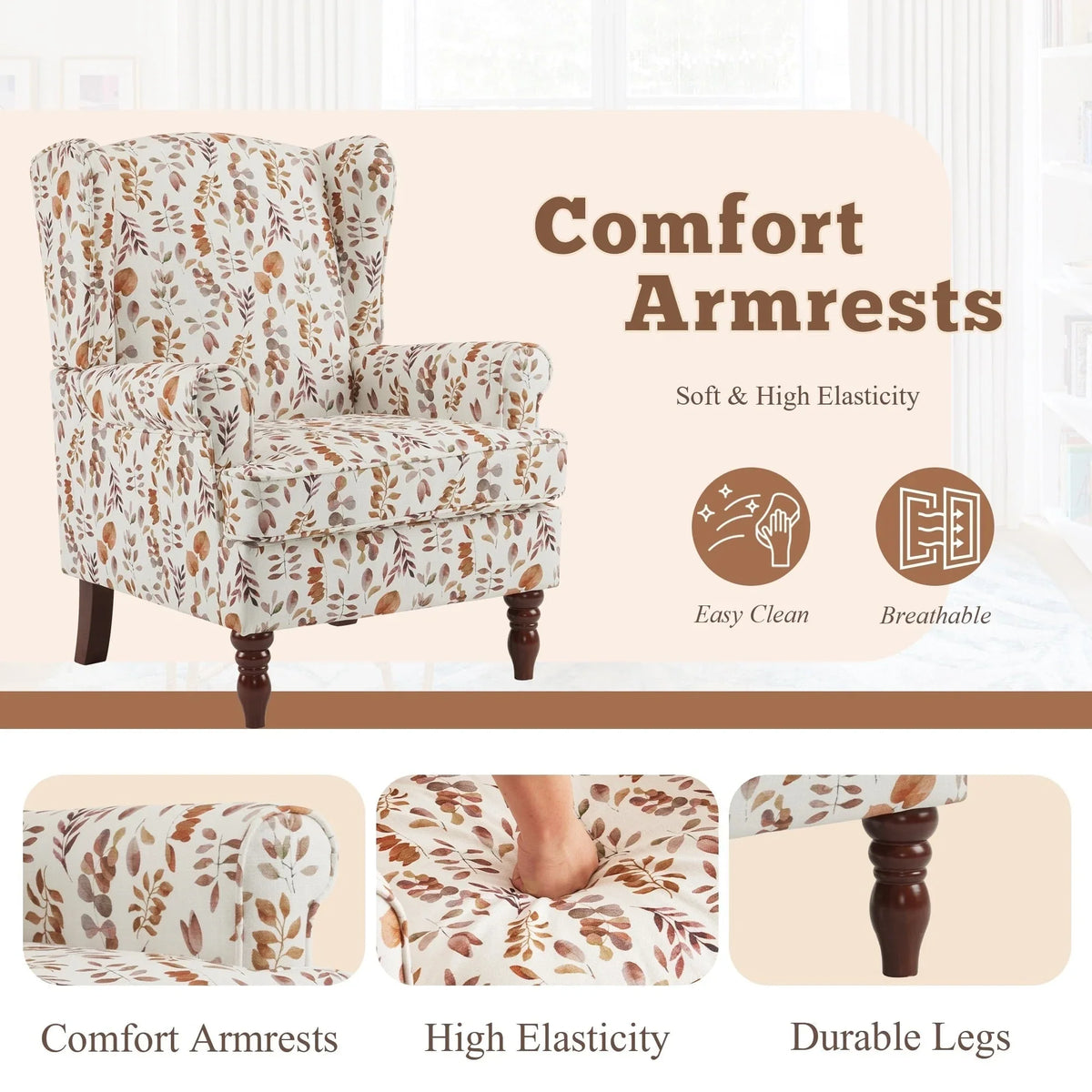 Fauteuil d'appoint moderne Erommy, fauteuil à dossier haut, canapé simple en tissu rembourré avec boutons et pieds en bois pour salon