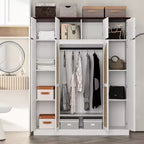 Armoire penderie grande capacité à 8 portes de 180 cm de haut avec tringle, étagères réglables et portes décoratives en rotin
