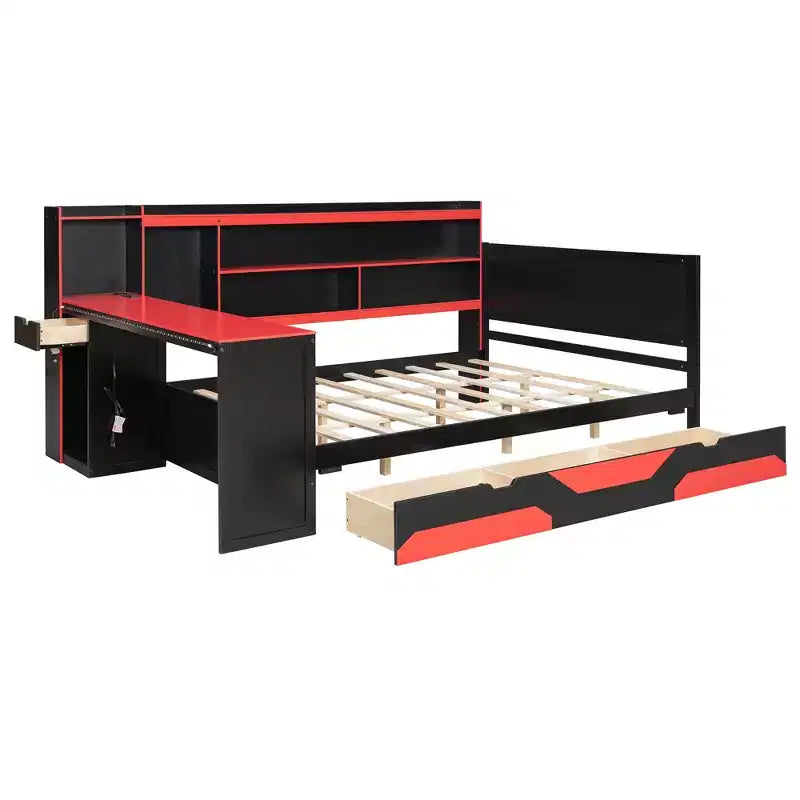 Lit de repos de jeu double/grand avec tête de lit bibliothèque, lumières LED, bureau intégré, tiroirs et station de charge
