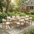 Ensemble de salle à manger d'extérieur rustique Christopher Knight Home Irene 9 pièces en bois d'acacia avec chaises à dossier incurvé et coussins