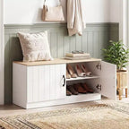 Banc à chaussures 2 portes avec étagères réglables et espace de rangement caché Naturel + Blanc/Blanc