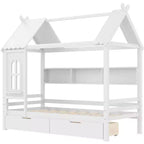 Lit cabane avec tiroirs de rangement et fenêtre, cadre en bois massif avec étagères, design amusant et enfantin, blanc clair
