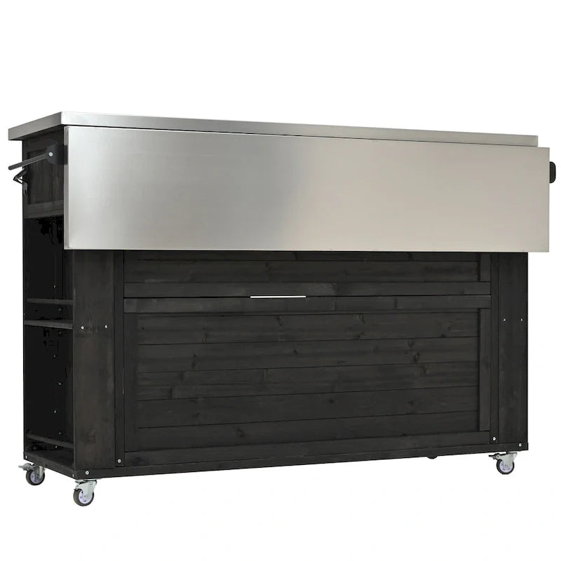 Îlot de cuisine d'extérieur, bois de sapin rustique avec plateau en acier inoxydable et rangement intelligent