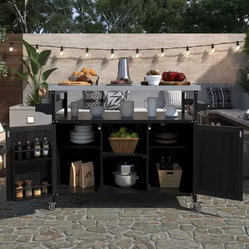 Îlot de cuisine d'extérieur Okak avec plateau en acier inoxydable, chariot de cuisine en bois avec portes, étagères et porte-épices, îlot de cuisine roulant