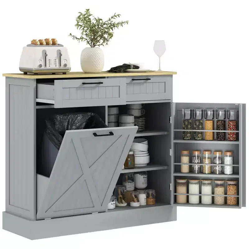 Meuble poubelle coulissant HOMCOM avec tiroirs, meuble de cuisine de style campagnard avec poubelle cachée pour la cuisine