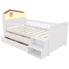 Lit mezzanine bas Whisen avec lumières LED, tête de lit en forme de maison et tiroirs de rangement, construction robuste