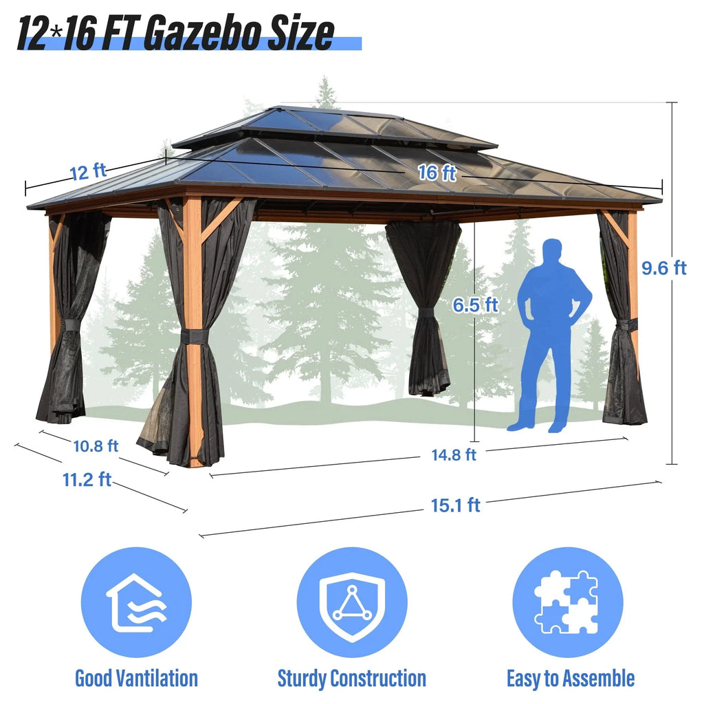 Tonnelle EROMMY à toit rigide, pergola extérieure avec double toit, moustiquaire et rideaux, auvent robuste pour patio, jardin, fête au bord de la piscine