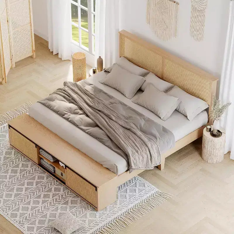 Cadre de lit en rotin naturel style bohème-ferme, rangement avec porte de grange coulissante et tête de lit lumineuse à LED, pieds de support en bois massif.
