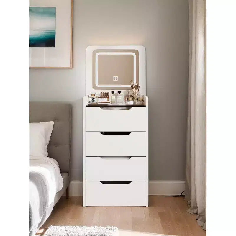 Coiffeuse 3-en-1 Okak avec miroir rabattable, coiffeuse compacte avec plateau en verre visible et tabouret rembourré, coiffeuse pour chambre à coucher