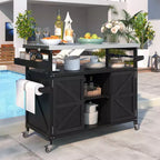 Îlot de cuisine d'extérieur Okak avec plateau en acier inoxydable, chariot de cuisine en bois avec portes, étagères et porte-épices, îlot de cuisine roulant