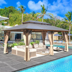 Tonnelle EROMMY à toit rigide, pergola extérieure avec double toit, moustiquaire et rideaux, auvent robuste pour patio, jardin, fête au bord de la piscine