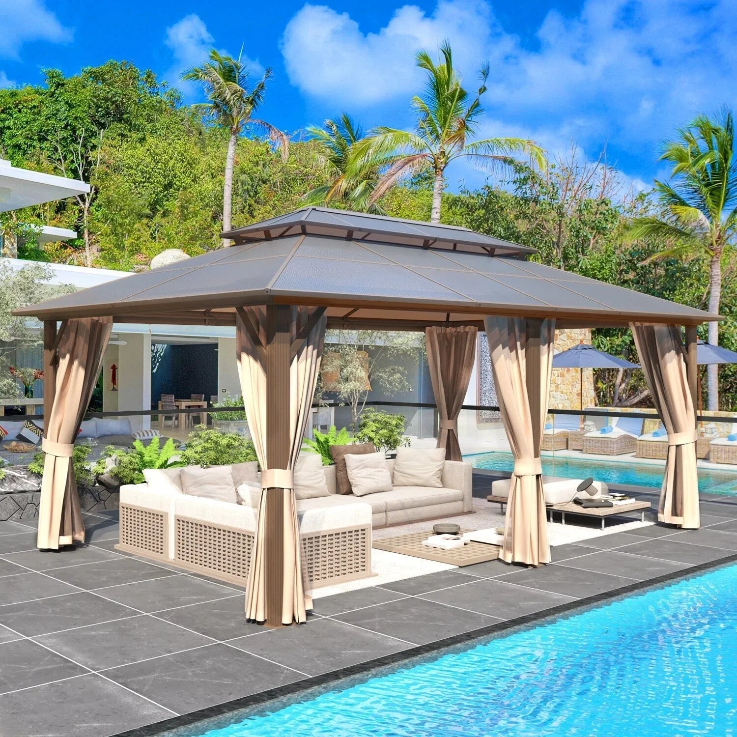 Tonnelle EROMMY à toit rigide, pergola extérieure avec double toit, moustiquaire et rideaux, auvent robuste pour patio, jardin, fête au bord de la piscine