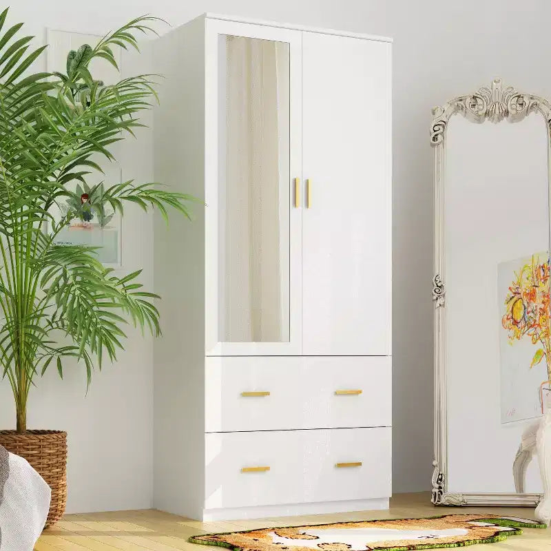 Hitow Armoire de rangement double tiroir avec portes miroir et zones de rangement