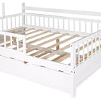 Acekool Lit cabane grandeur nature avec lit gigogne double, tiroirs de rangement et étagères, toit et clôture, lit plateforme pour enfants, blanc