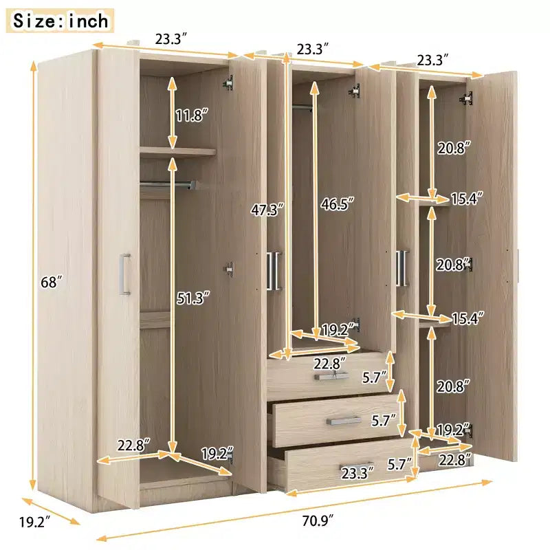 Armoire 6 portes en bois avec tiroirs pour chambre à coucher