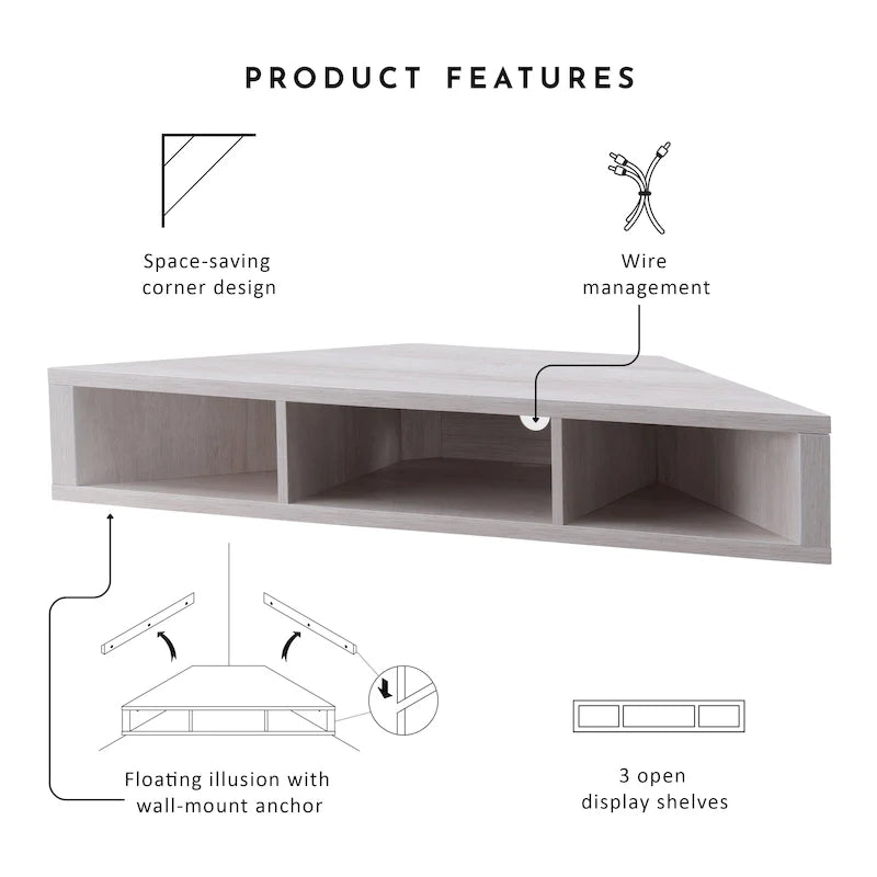Meuble TV d'angle flottant 47", 3 étagères, style transitoire, fixation murale peu encombrante