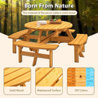 Ensemble de salle à manger rond en bois de sapin pour patio extérieur 8 personnes avec 4 bancs intégrés et trou pour parasol
