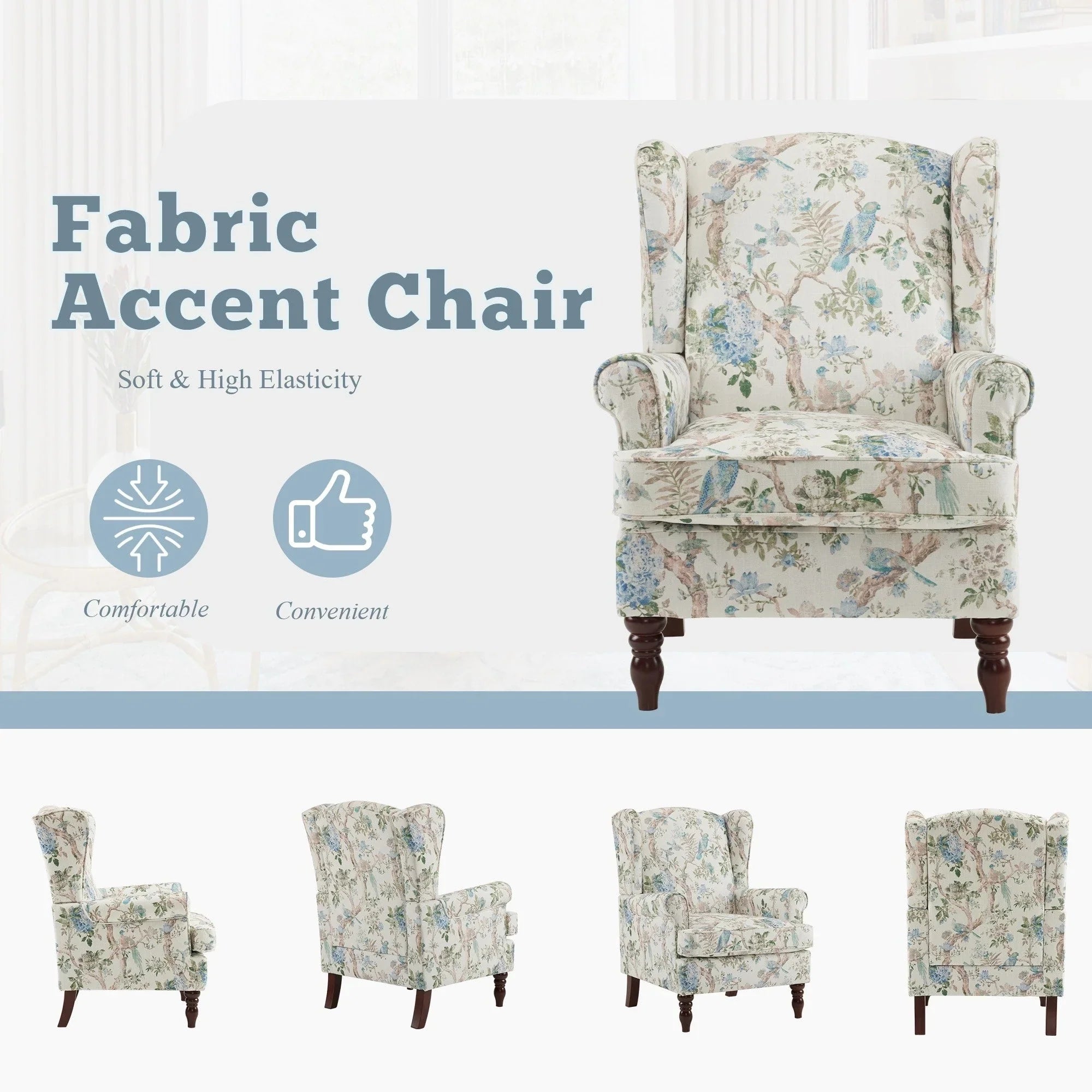 Fauteuil d'appoint moderne Erommy, fauteuil à dossier haut, canapé simple en tissu rembourré avec boutons et pieds en bois pour salon