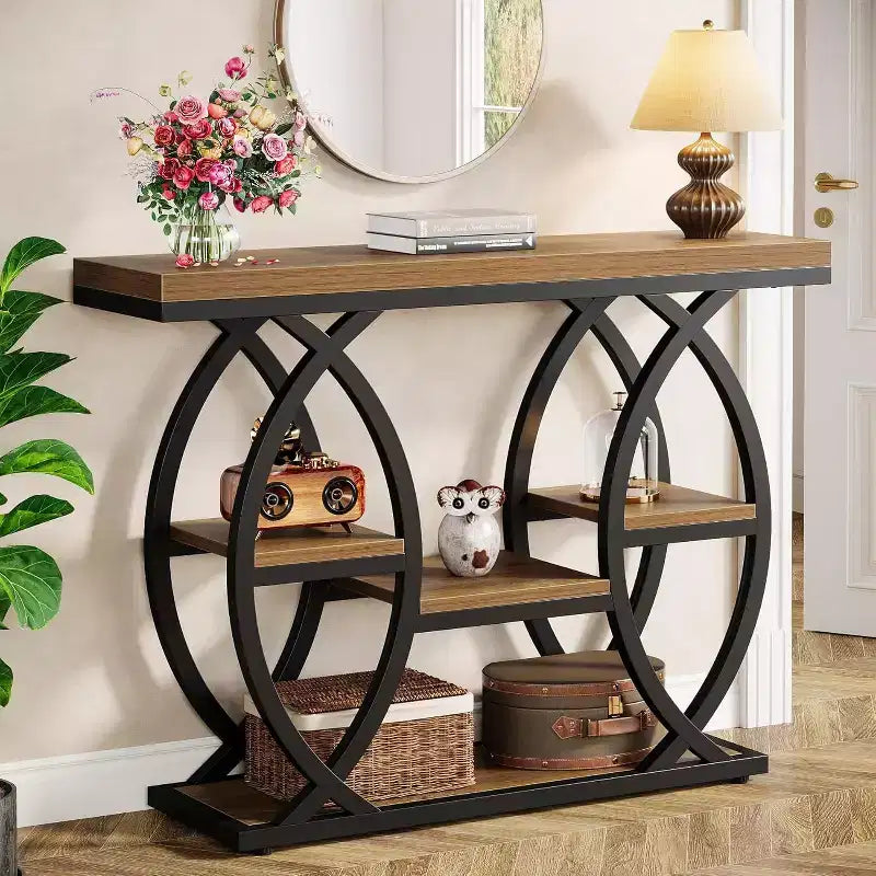 Table console Lantine 39.4, table de canapé industrielle à 4 niveaux Table d'entrée avec étagères de rangement et cadre en métal pour petits espaces, couloir, foyer, marron
