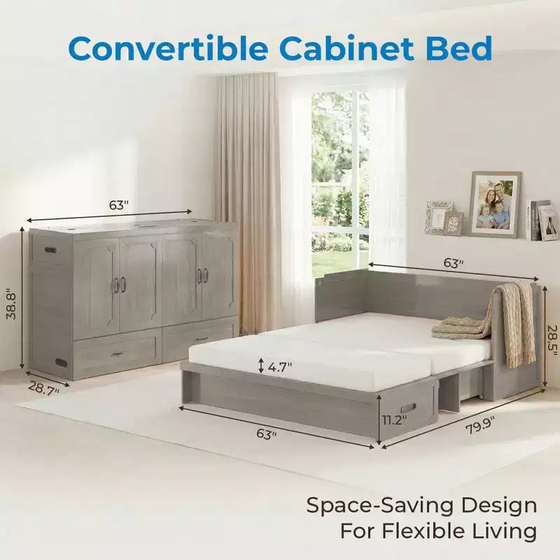 Lit armoire escamotable convertible Mjkone Queen Size avec chargement USB, tiroirs de rangement, matelas non inclus