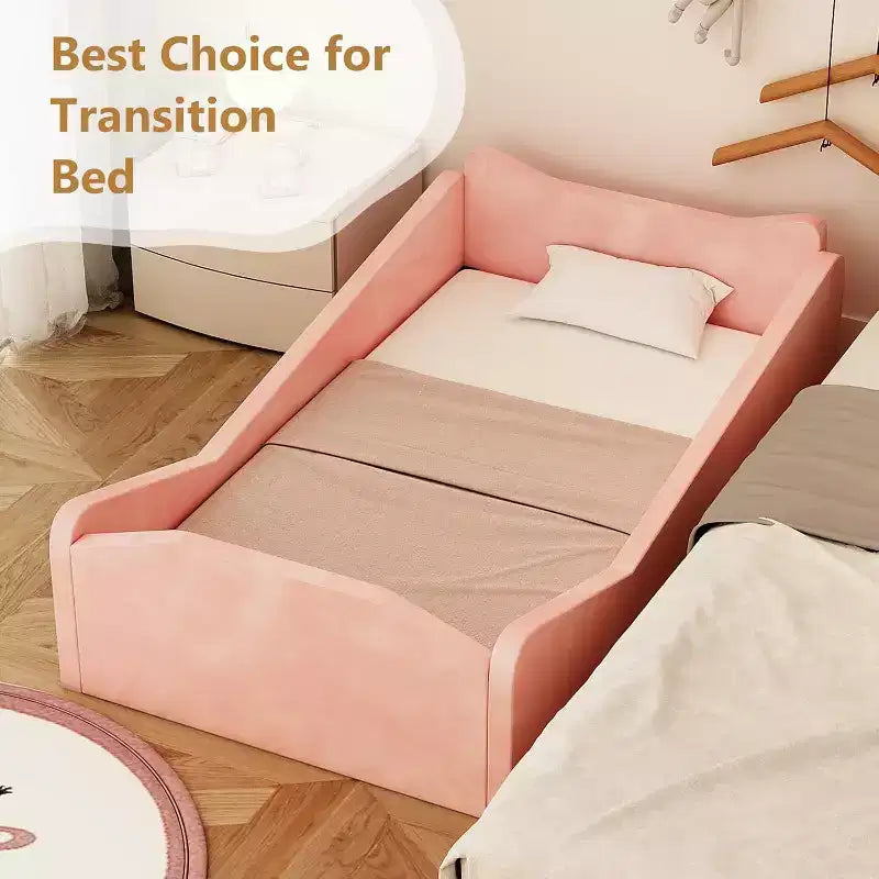 JOYMOR Lit pour tout-petit, Lit au sol avec barrière de sécurité, Lit pour tout-petit Montessori avec formes d'oreilles d'animaux, Rose