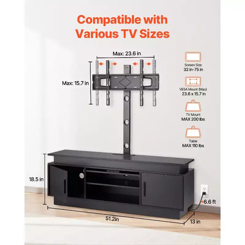 Meuble TV VEVOR 52 po avec support pour téléviseurs jusqu'à 75 po, centre de divertissement avec prise de courant, réglable en hauteur, noir