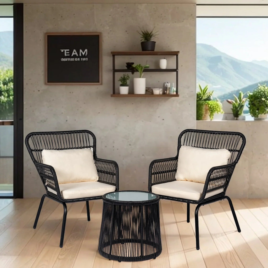 Ensemble bistrot 3 pièces en osier pour conversation, salon de jardin en rotin résistant aux intempéries avec coussins
