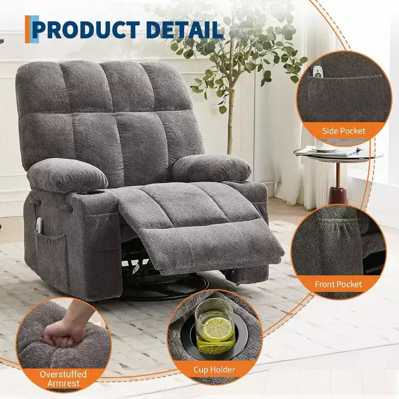 Fauteuil inclinable surdimensionné pour adultes, canapé berçant pivotant manuel, poches latérales et porte-gobelets pour personnes fortes et de grande taille, salon