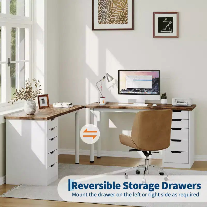 Bureau d'ordinateur de 119 cm avec 5 tiroirs de rangement, table d'étude/d'écriture réversible de style rustique moderne, poste de travail de bureau à domicile pour petits espaces