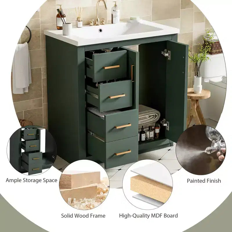 Meuble-lavabo simple de 76 cm avec armoire et 3 tiroirs – Noir / Bleu / Vert / Indigo / Blanc