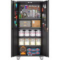Armoire de rangement de garage avec roues et panneau perforé, armoire de rangement métallique verrouillable de 72 po de hauteur avec 2 portes et 4 étagères réglables pour atelier de garage