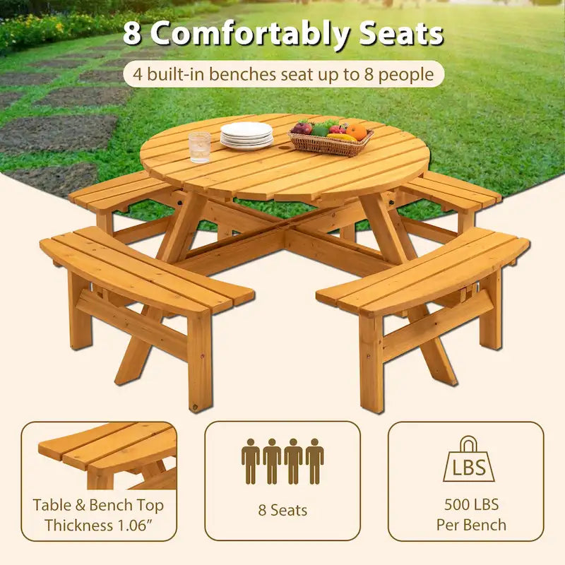 Ensemble de salle à manger rond en bois de sapin pour patio extérieur 8 personnes avec 4 bancs intégrés et trou pour parasol