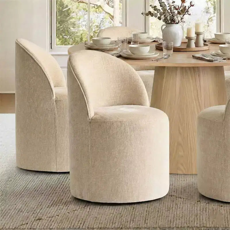 Ensemble de salle à manger moderne pour 6 personnes, table à manger ronde avec pied central, chaises de salle à manger pivotantes à roulettes, tissu chenille texturé - Panipeachy