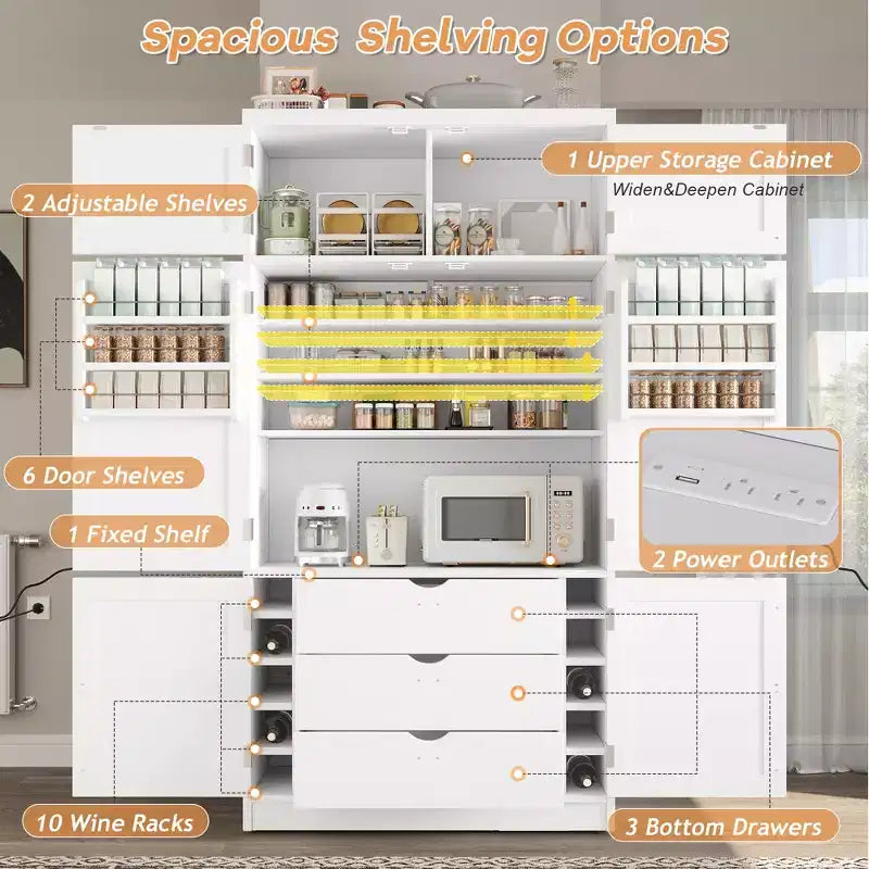 Grand meuble de garde-manger de cuisine avec prises électriques, grand placard autoportant avec support pour micro-ondes, tiroirs, étagères, casiers à vin et étagère de porte