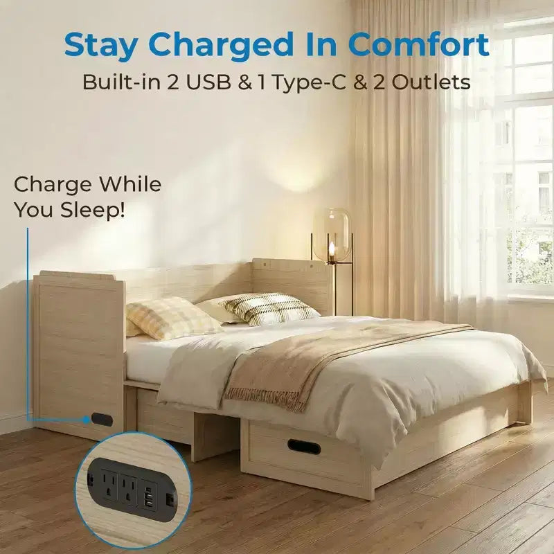 Lit armoire escamotable convertible Mjkone Queen Size avec chargement USB, tiroirs de rangement, matelas non inclus