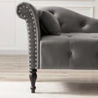 Chaise longue moderne de 154 cm avec revêtement en velours, boutons capitonnés, pieds en bois massif et clous de tapissier