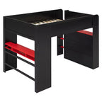 Lit mezzanine double Luxystar avec bureau réglable lumineux, armoire ouverte et bibliothèque