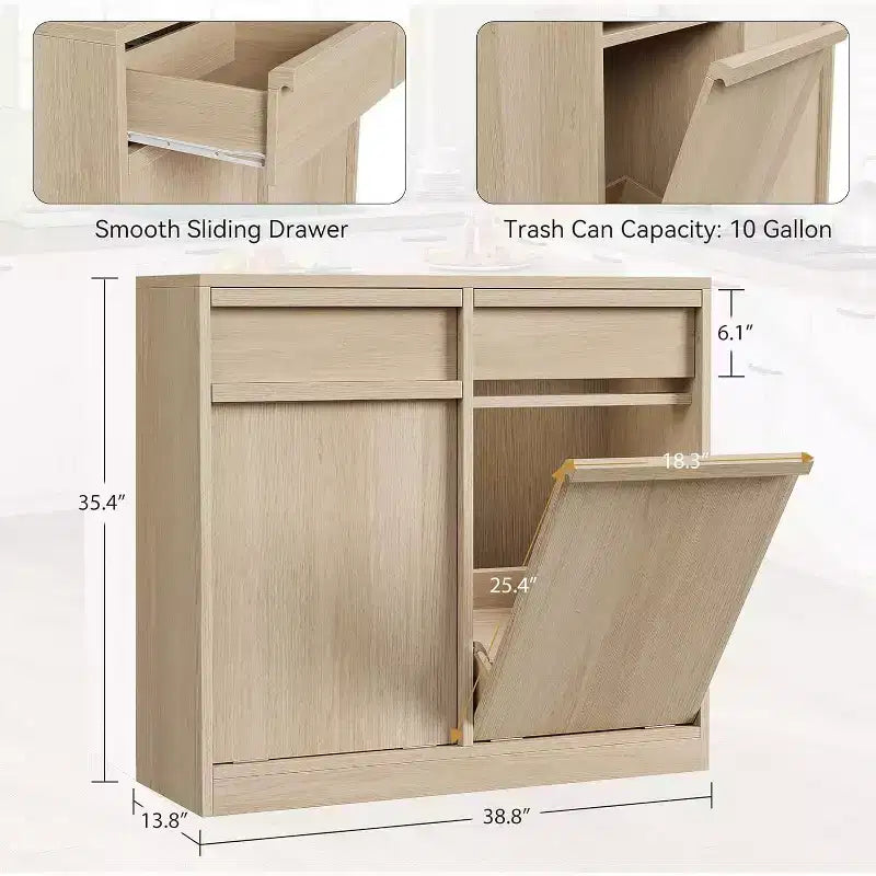 Poubelle inclinable, chêne naturel, poubelle avec rangement et tiroir, meuble poubelle caché, panier à linge pour cuisine, salle à manger, salon
