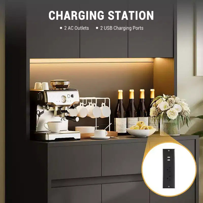 Armoire de cuisine de 71 pouces, vaisselier avec lumières LED et prises de courant, buffet avec support pour micro-ondes, étagères réglables