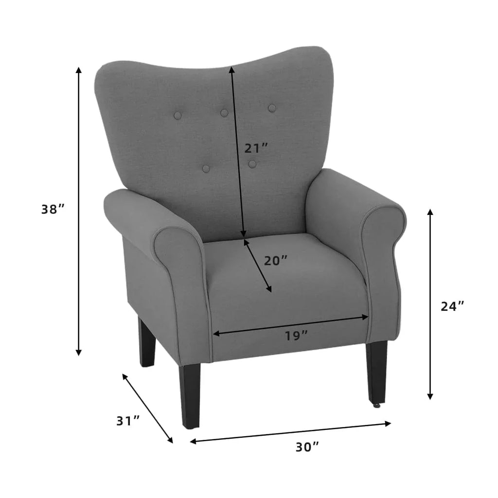 Fauteuil d'appoint moderne Erommy, fauteuil à dossier haut, canapé simple en tissu rembourré avec boutons et pieds en bois pour salon